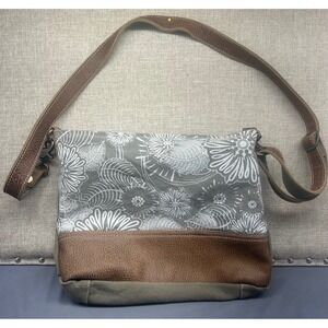 Myra Bag Floral Canvas Leather Crossbody purse Grey White Brown